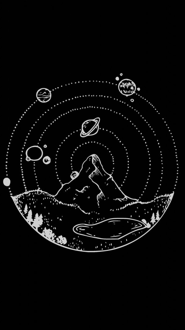 星空山野极简动态壁纸 黑底白线行星山峰