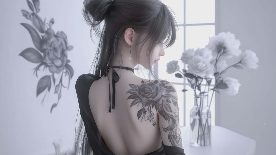 白色系玫瑰纹身二次元美女壁纸 冷白柔光露背4K电脑壁纸