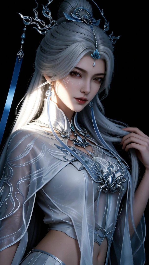 银白发仙侠美女手机壁纸 纯黑清冷高贵1080×1920竖屏高清壁纸