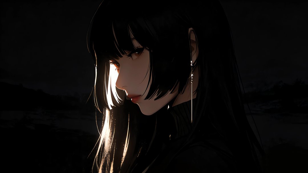 二次元少女4K壁纸 黑长直侧脸光影插画