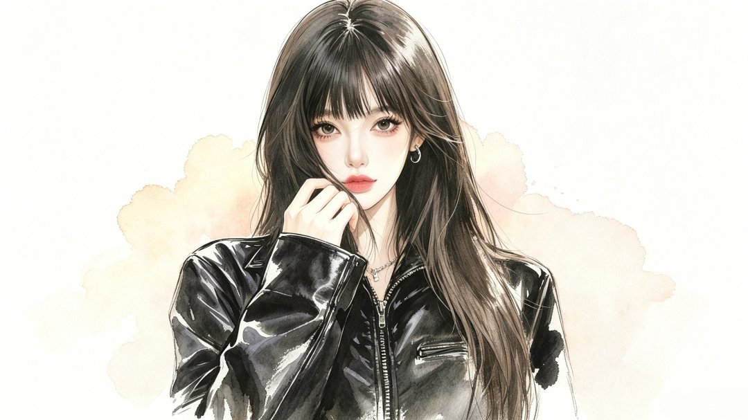 水彩风齐刘海黑长直皮衣冷艳美女