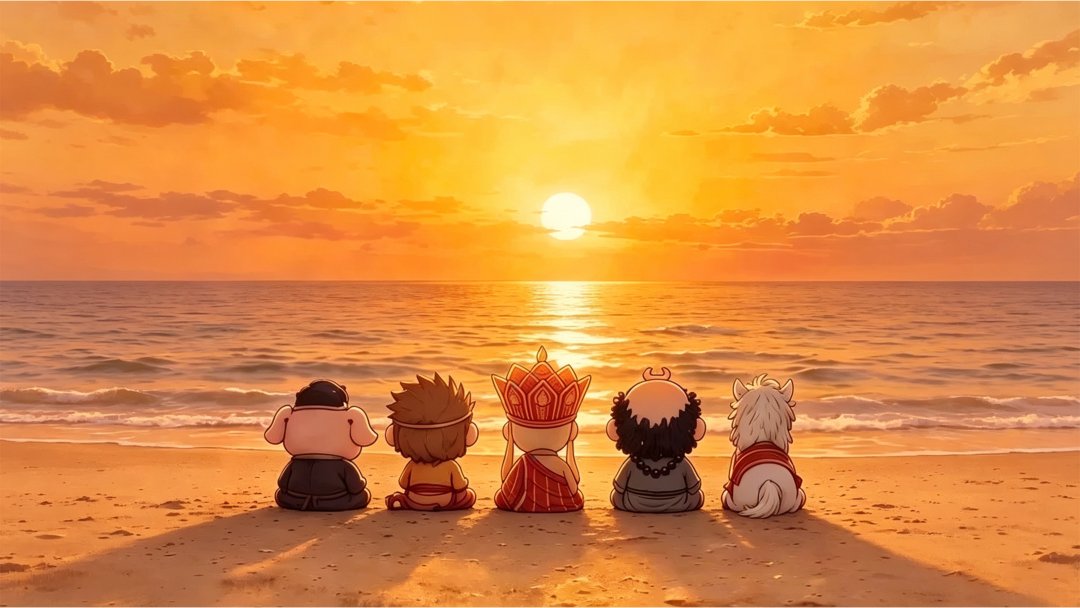 Q版西游记师徒夕阳5K壁纸 海滩治愈可爱6000×3375高清电脑壁纸