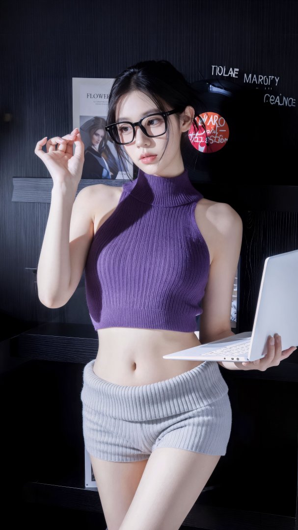 居家御姐眼镜美女手机壁纸 紫针织衫灰短裤