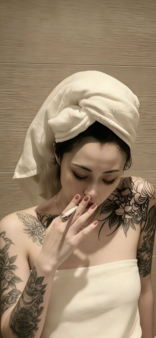坐在浴室马桶上抽烟的纹身美女手机壁纸1080×2340竖屏高清壁纸